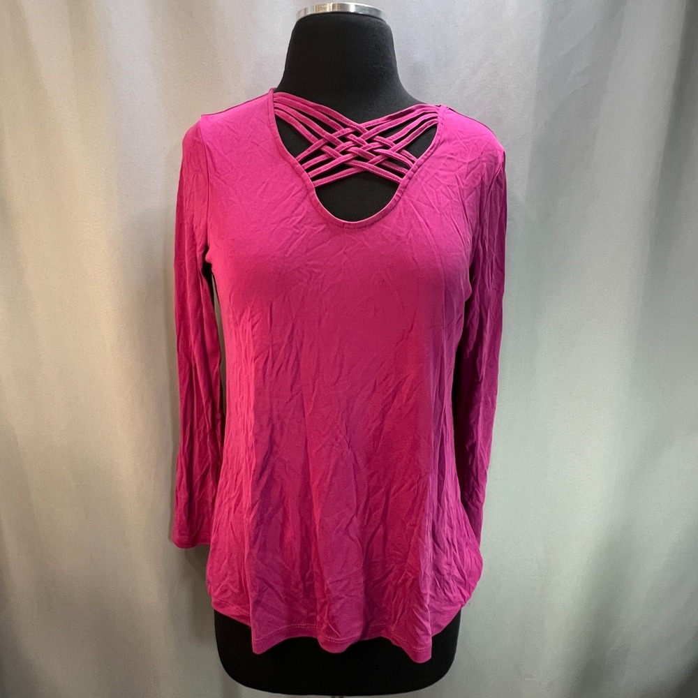 Gnw Crisscross Blouse Top Womens Small Fuchsia Pink Knit Long Sleeve Everyday
